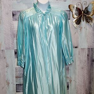 Vintage At Home Wear Sz L 16/18 Ice Blue Satin Zip Robe Ruffle Neck Pockets 1024